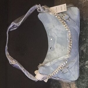 Small denim shoulder bag with long straps